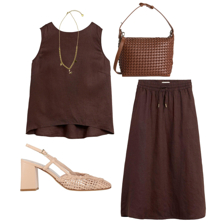 Outfit donna - Freschezza in marrone. Stile Minimal per Tutti i giorni. Abbinamento con décolleté, gonne lunghe, canottiere, borse a spalla, ciondoli.