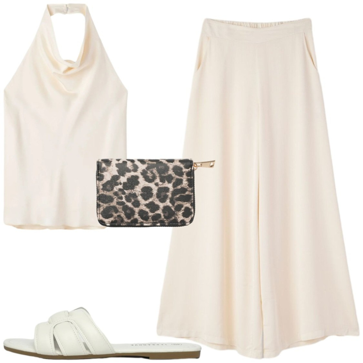 Outfit donna - Raffinatezza in bianco #Terranova. Stile Chic per Serata fuori. Abbinamento con portafogli, ciabatte, canottiere, pantaloni.
