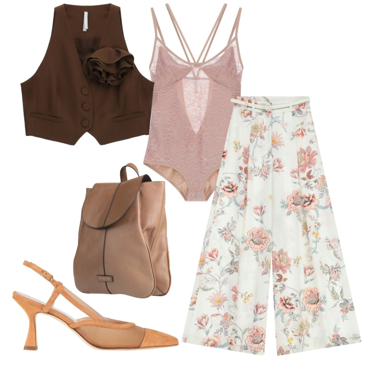 Outfit donna - Fiori chiari. Stile Chic per Tutti i giorni. Abbinamento con zaini, décolleté, pantaloni a palazzo, body, gilet.