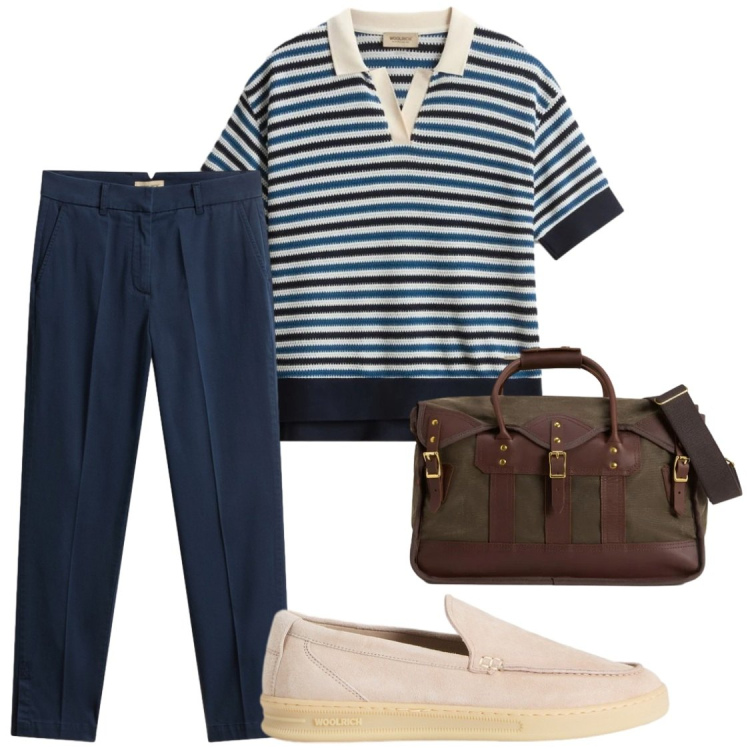 Outfit donna - In ufficio con Woolrich. Stile Chic per Ufficio. Abbinamento con borse a tracolla, mocassini, polo, pantaloni chino.