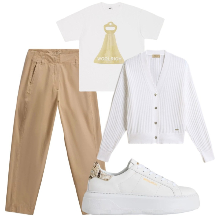 Outfit donna - Fredde serate estive#Woolrich. Stile Casual chic per Serata fuori. Abbinamento con sneakers, t-shirt, pantaloni, cardigans.