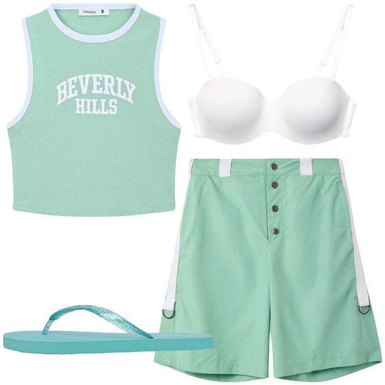 Outfit donna - Summer. Stile Casual per Sport. Abbinamento con bermuda, canottiere, infradito, reggiseni.