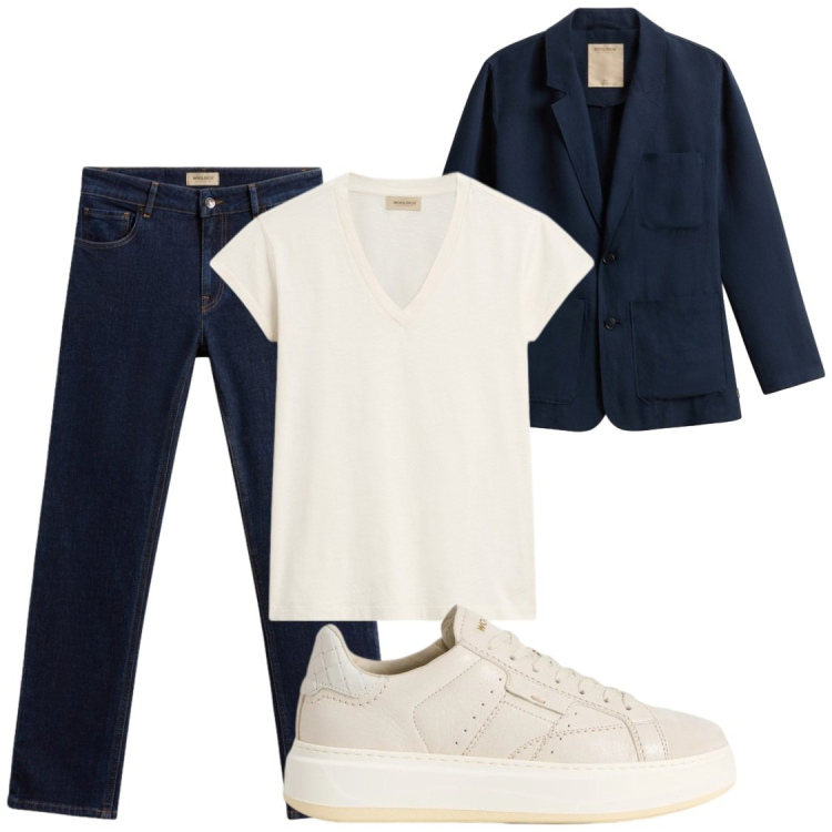Outfit donna - Intramontabile giacca e jeans. Stile Chic per Ufficio. Abbinamento con blazer, sneakers, t-shirt, jeans.