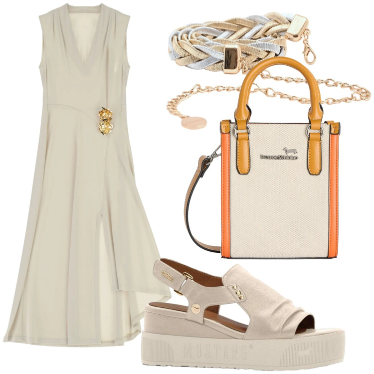 Outfit donna - Elegante. Stile Casual per Serata fuori. Abbinamento con sandali, borse tote, cinture, vestiti midi/longuette.