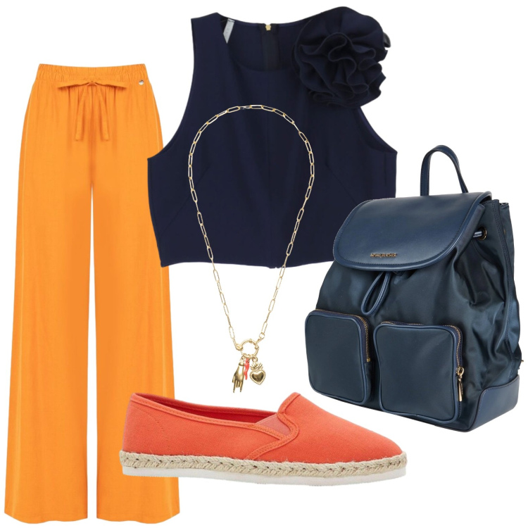 Outfit donna - Pomeriggio in centro. Stile Casual per Tutti i giorni. Abbinamento con zaini, espadrillas, pantaloni a palazzo, top, ciondoli.