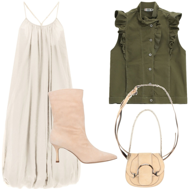 Outfit donna - Elegante. Stile Chic per Serata fuori. Abbinamento con marsupi, stivaletti, gilet, vestiti lunghi.