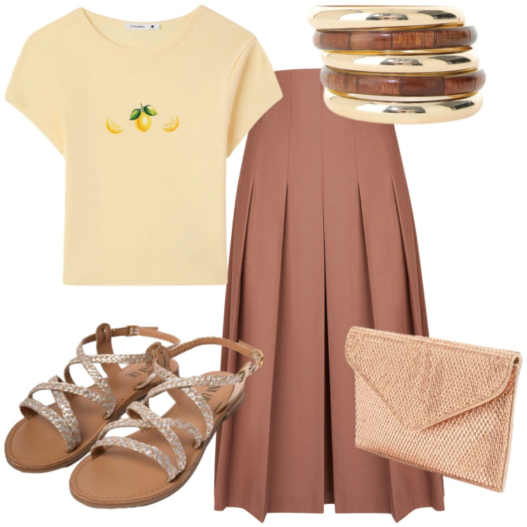 Outfit donna - Summer. Stile Casual per Tutti i giorni. Abbinamento con t-shirt, braccialetti, sandali in pelle, clutch, gonne longuette.