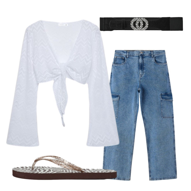 Outfit donna - Coprispalle Terranova. Stile Boho per Serata fuori. Abbinamento con top, infradito, cinture, jeans dritti.
