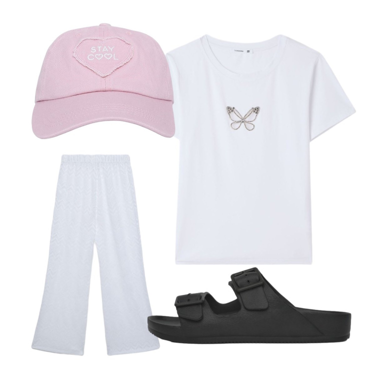 Outfit donna - Terranova - Summer Essentials. Stile Sporty chic per Tutti i giorni. Abbinamento con cappelli, t-shirt, ciabatte, pantaloni.