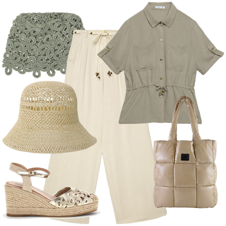 Outfit donna - Summer. Stile Casual per Tutti i giorni. Abbinamento con camicie a manica corta, pantaloni, cappelli, cappotti, shopping bag, zeppe.