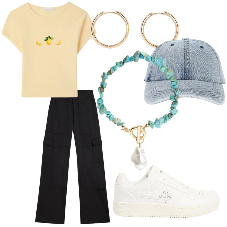Outfit donna - Girly casual chic. Stile Casual chic per Tutti i giorni. Abbinamento con braccialetti, pantaloni cargo, t-shirt, cappelli con visiera, orecchini, sneakers.