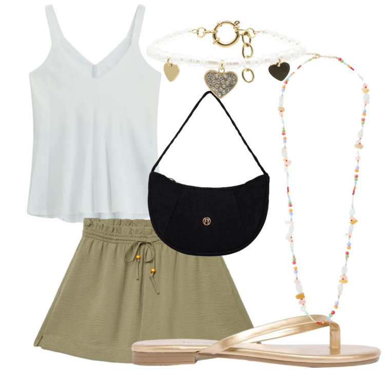 Outfit donna - July Evening Outfit. Stile Casual chic per Serata fuori. Abbinamento con sandali, shorts, top, collane, braccialetti, borse a mano.