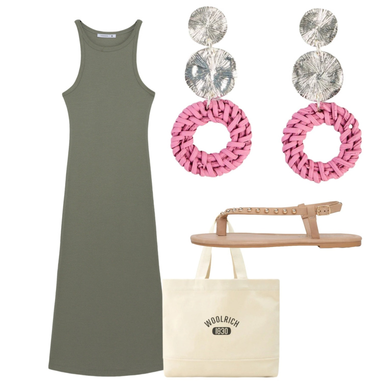 Outfit donna - Giugno. Stile Minimal per Tutti i giorni. Abbinamento con orecchini, vestiti midi/longuette, ciabatte, borse tote.
