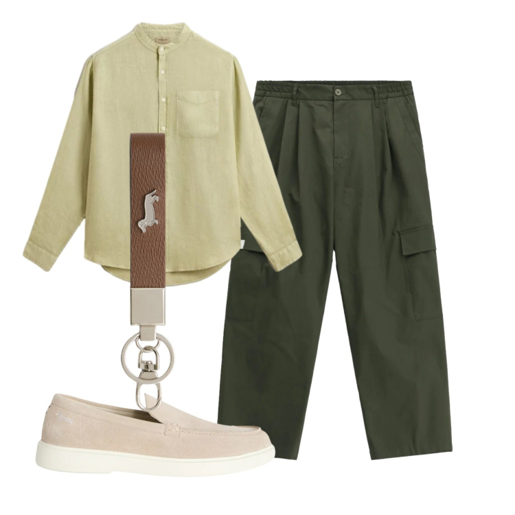 Outfit uomo - Green. Stile Casual per Tutti i giorni. Abbinamento con portachiavi, scarpe stringate, camicie, pantaloni cargo.