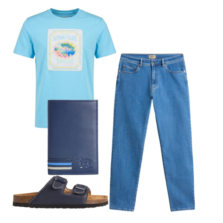 Outfit uomo - Giornata blu. Stile Casual per Tutti i giorni. Abbinamento con portafogli, t-shirt, pantaloni, sandali.