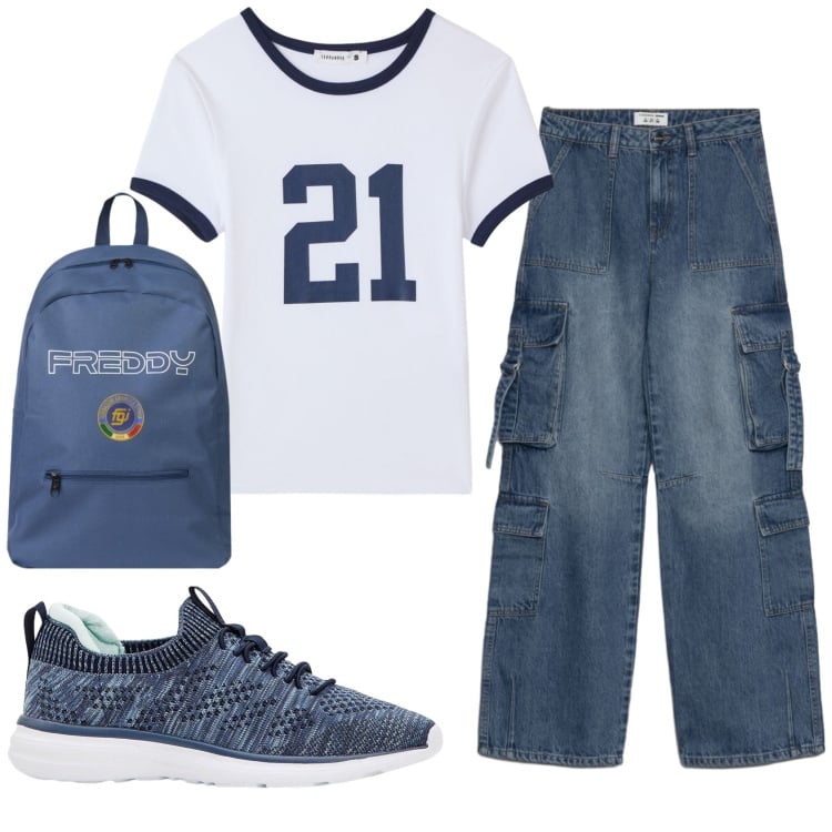 Outfit donna - Total look #2427557. Stile Casual per Tutti i giorni. Abbinamento con sneakers, jeans, t-shirt, zaini.