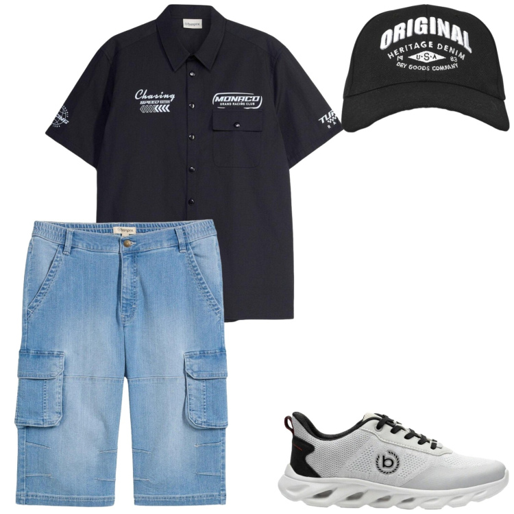 Outfit uomo - Total look #2427564. Stile Casual per Tutti i giorni. Abbinamento con bermuda, camicie a manica corta, sneakers, cappelli con visiera.