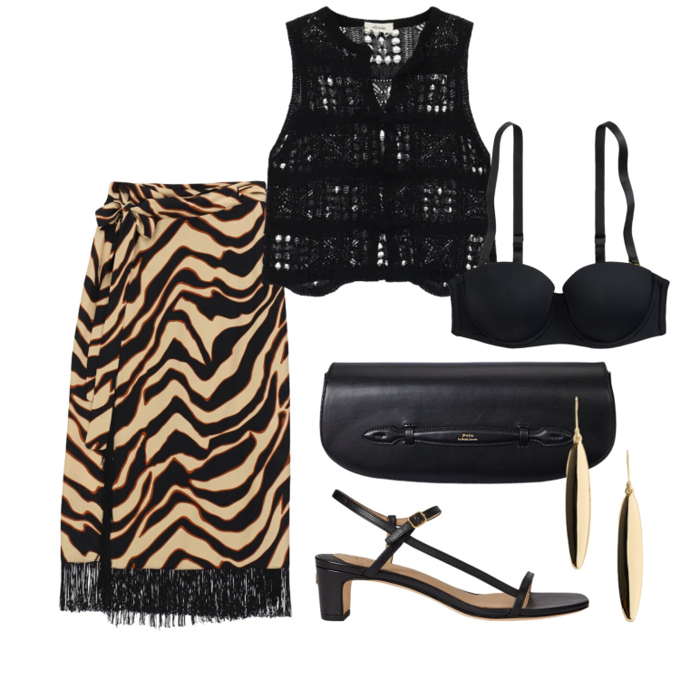 Outfit donna - Giugno. Stile Chic per Tutti i giorni. Abbinamento con top, gonne longuette, clutch, sandali in pelle, reggiseni, orecchini.