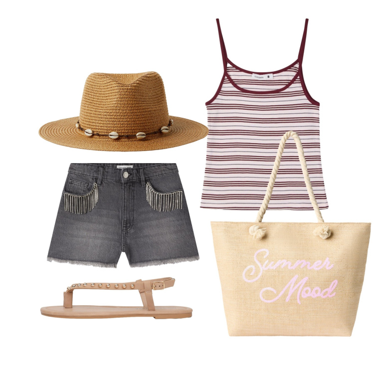 Outfit donna - Luglio. Stile Casual per Tutti i giorni. Abbinamento con cappelli, shorts, ciabatte, canottiere, borse tote.