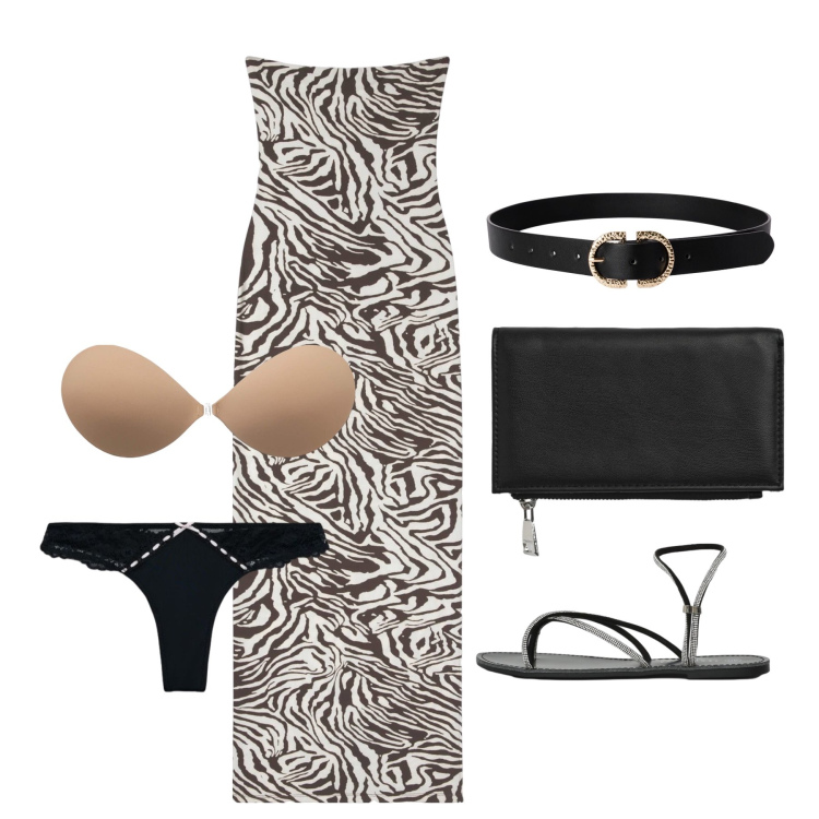 Outfit donna - Luglio. Stile Trendy per Serata fuori. Abbinamento con vestiti lunghi, reggiseni, cinture, portafogli, perizomi, sandali.