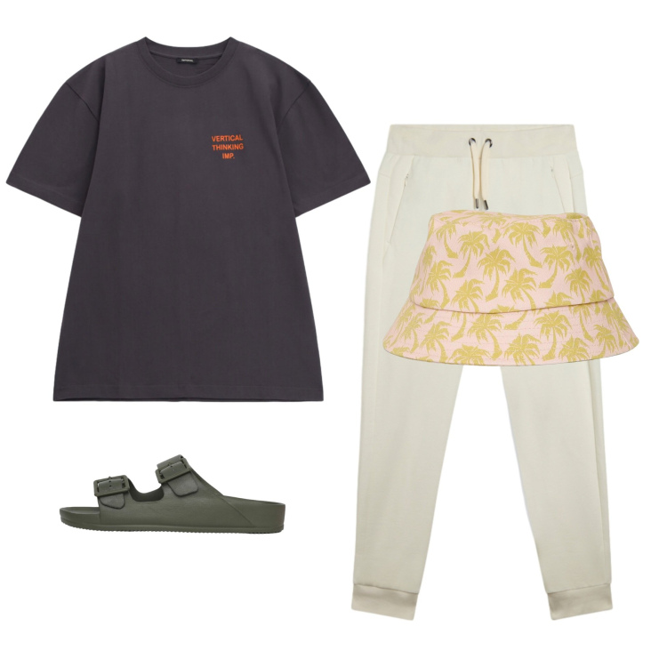 Outfit uomo - Comfort con stile. Stile Trendy per Tutti i giorni. Abbinamento con cappelli con visiera, sandali, pantaloni, t-shirt.