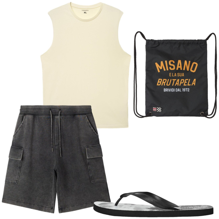 Outfit uomo - Ai centri estivi. Stile Casual per Tutti i giorni. Abbinamento con borse sportive, sandali, canottiere, bermuda.