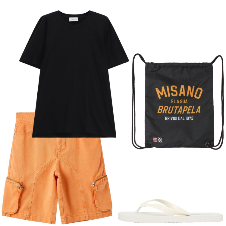 Outfit uomo - Contrasti. Stile Casual per Tutti i giorni. Abbinamento con borse sportive, pantaloni corti, sandali, t-shirt.