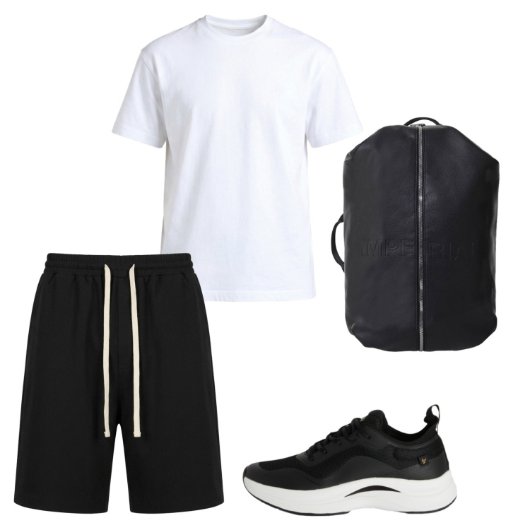 Outfit uomo - Black and White. Stile Casual per Sport. Abbinamento con t-shirt, pantaloni corti, sneakers, borse sportive.