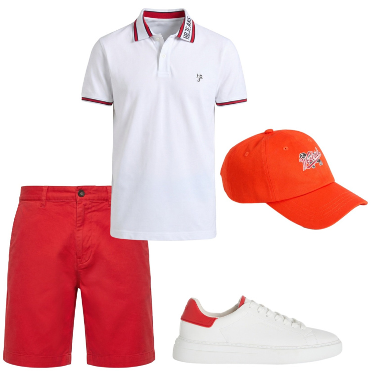 Outfit uomo - Trendy. Stile Trendy per Tutti i giorni. Abbinamento con sneakers, polo, pantaloni corti, cappelli con visiera.