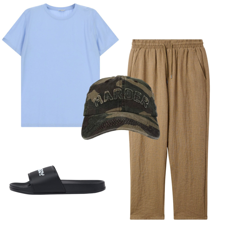 Outfit uomo - Azzurro, sabbia e libertà. Stile Casual per Tutti i giorni. Abbinamento con pantaloni, cappelli con visiera, sandali, t-shirt.