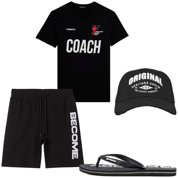 Outfit uomo - Total look #2427590. Stile Casual per Sport. Abbinamento con cappelli con visiera, bermuda, sandali, t-shirt.