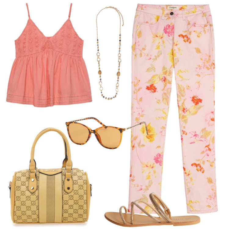 Outfit donna - Saldi con stile. Stile Casual chic per Tutti i giorni. Abbinamento con pantaloni, sandali, canottiere, collane, occhiali da sole, borse a spalla.