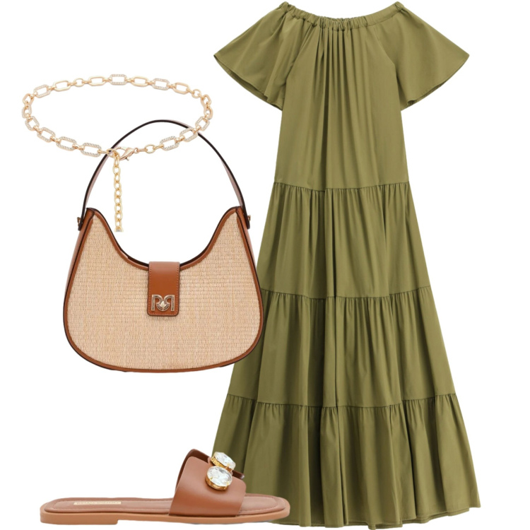 Outfit donna - Summer. Stile Casual chic per Tutti i giorni. Abbinamento con cinture, sandali gioiello, borse a spalla, vestiti lunghi.