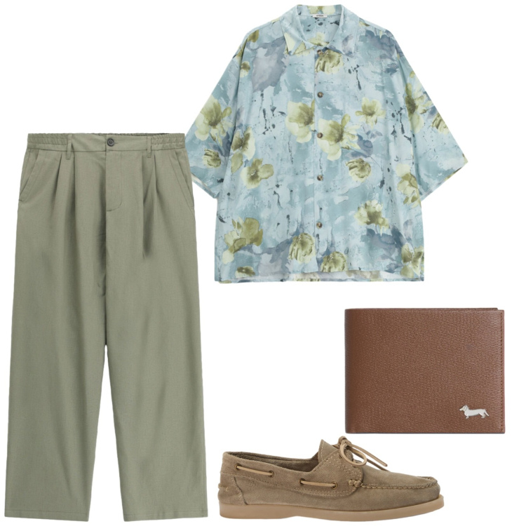 Outfit uomo - Serata speciale. Stile Trendy per Serata speciale. Abbinamento con scarpe stringate, portafogli, camicie a manica corta, pantaloni.