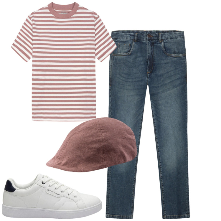 Outfit uomo - Giugno. Stile Casual per Tutti i giorni. Abbinamento con sneakers, jeans, t-shirt, cappelli con visiera.