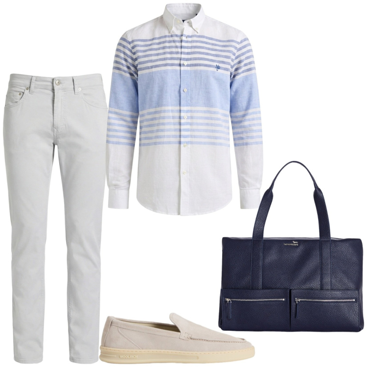 Outfit uomo - Viaggio di lavoro. Stile Casual per Ufficio. Abbinamento con pantaloni, borse sportive, camicie, scarpe stringate.