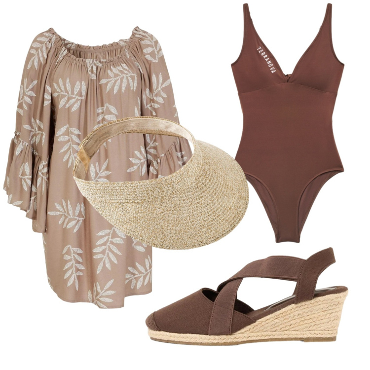 Outfit donna - Total look #2427598. Stile Basic per Mare. Abbinamento con vestiti da spiaggia, zeppe, cappelli con visiera, costumi interi.