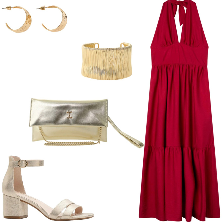 Outfit donna - Serata fuori in vacanza. Stile Chic per Serata fuori. Abbinamento con sandali col tacco, orecchini, vestiti lunghi, borse a tracolla, braccialetti.