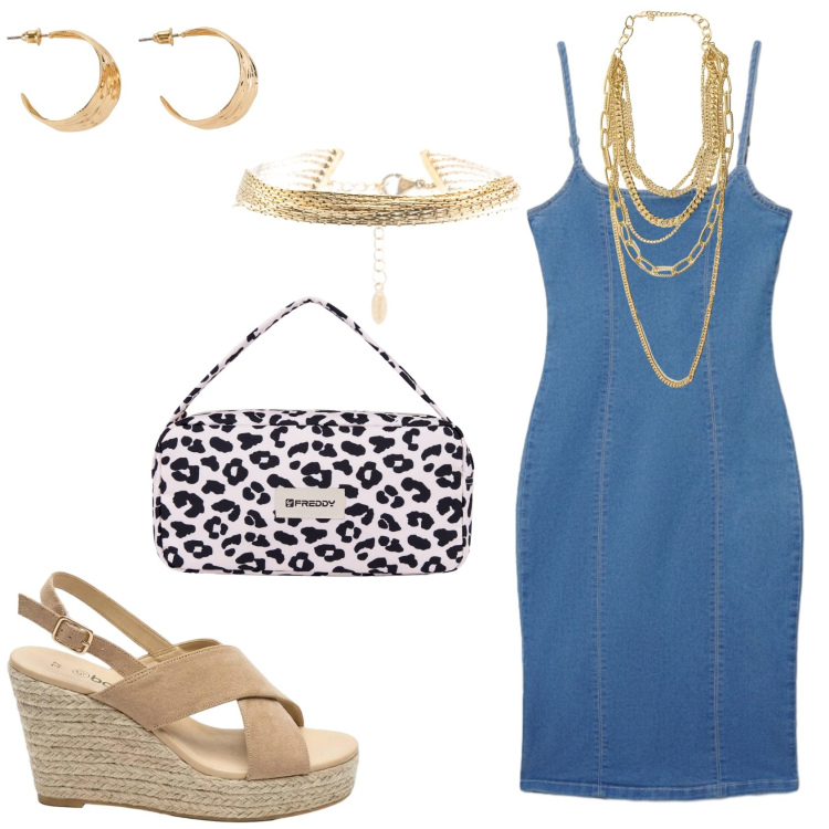 Outfit donna - Sera d\'estate. Stile Trendy per Serata fuori. Abbinamento con sandali col tacco, orecchini, vestiti midi/longuette, collane, braccialetti, borse a spalla.