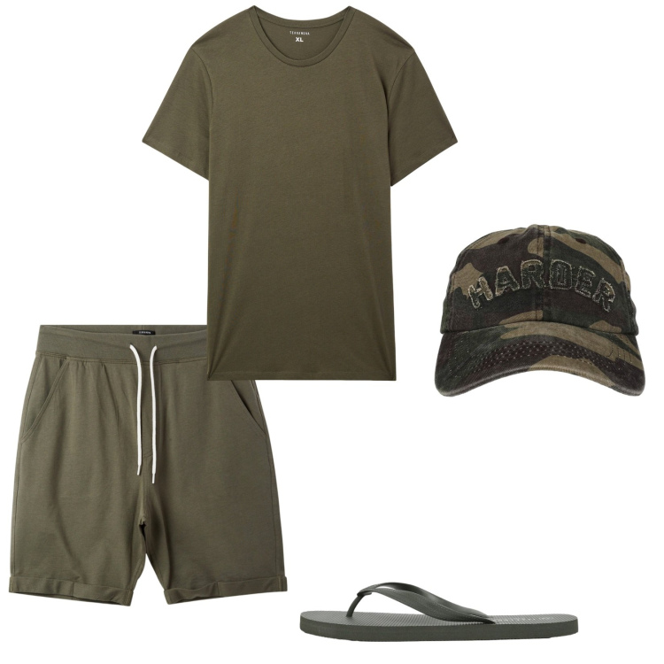 Outfit uomo - Cappello camouflage. Stile Casual per Sport. Abbinamento con t-shirt, cappelli con visiera, sandali, pantaloni corti.