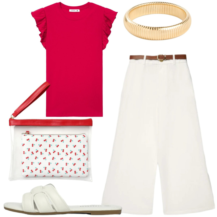 Outfit donna - Total look #2427610. Stile Casual per Tutti i giorni. Abbinamento con braccialetti, pantaloni a palazzo, pochette, t-shirt, ciabatte.