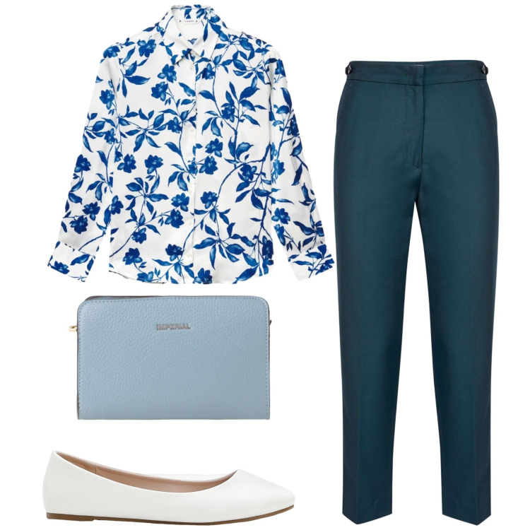 Outfit donna - Total look #2427616. Stile Casual chic per Ufficio. Abbinamento con ballerine, camicie, pantaloni, borse a tracolla.