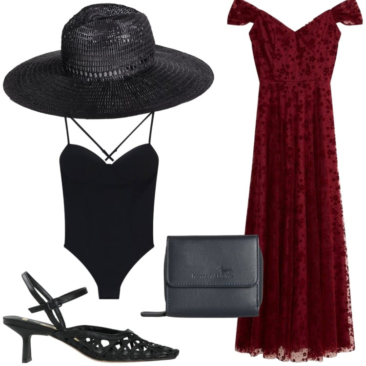 Outfit donna - Total look #2427622. Stile Chic per Cerimonia. Abbinamento con cappelli, décolleté, vestiti, portafogli, body.