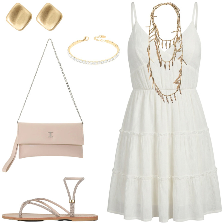 Outfit donna - Le sere d\'estate. Stile Romantica per Serata fuori. Abbinamento con vestiti corti, sandali, collane, orecchini, borse a tracolla, braccialetti.