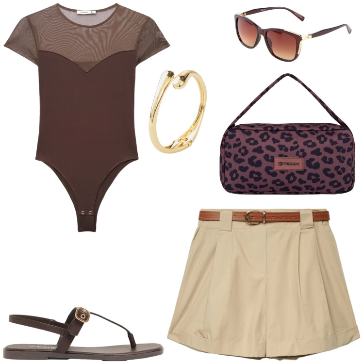 Outfit donna - Casual e chic. Stile Casual chic per Tutti i giorni. Abbinamento con occhiali da sole, sandali, braccialetti, top, shorts, borse a spalla.