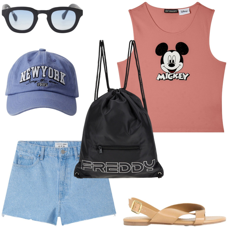 Outfit donna - Casual in estate. Stile Casual per Tutti i giorni. Abbinamento con sandali, cappelli, shorts, occhiali da sole, zaini, canottiere.