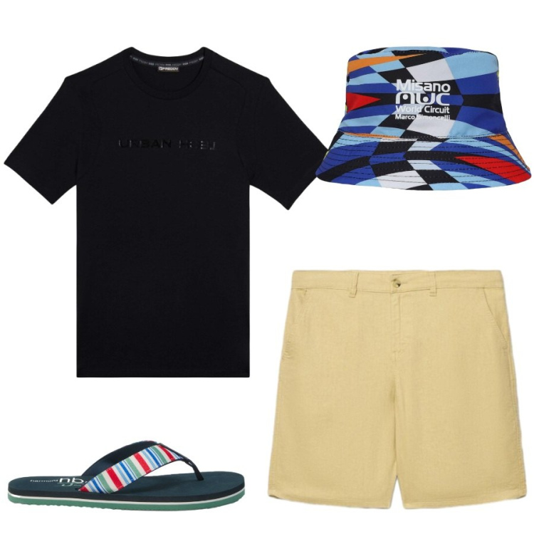 Outfit uomo - Total look #2427633. Stile Casual per Mare. Abbinamento con sandali, cappelli, shorts, t-shirt.