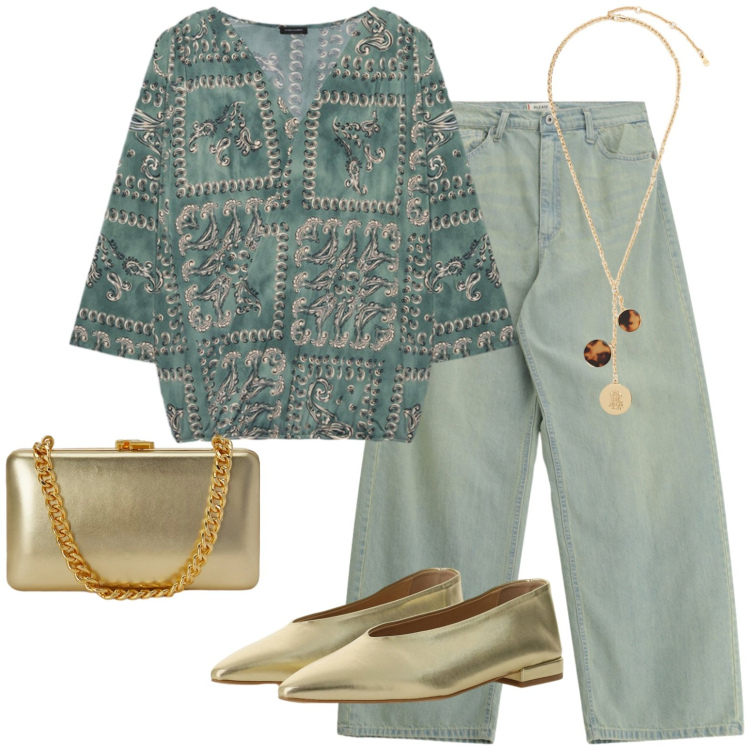 Outfit donna - Tocco dorato. Stile Casual per Tutti i giorni. Abbinamento con jeans, ballerine, t-shirt, clutch, collane.
