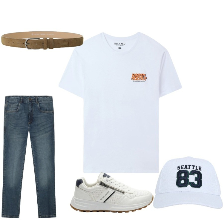 Outfit uomo - Total look #2427635. Stile Casual per Tutti i giorni. Abbinamento con sneakers, cappelli, t-shirt, jeans, cinture.