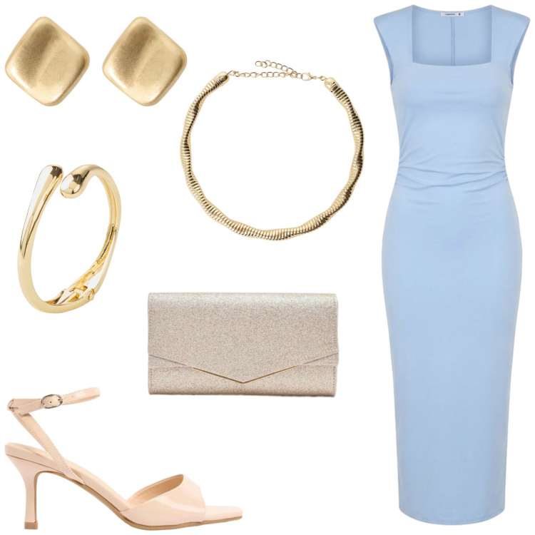Outfit donna - Una sera d\'estate. Stile Sexy per Serata fuori. Abbinamento con braccialetti, sandali col tacco, vestiti midi/longuette, clutch, orecchini, collane.